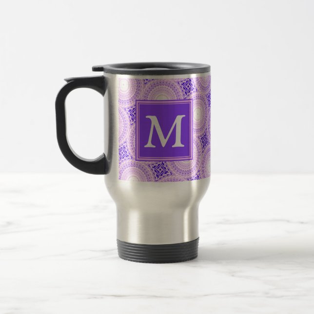 Monogram purple circles pattern travel mug (Left)
