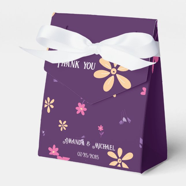 Monogram Purple Daisy Flower Pattern Wedding Favor Boxes (Front Side)