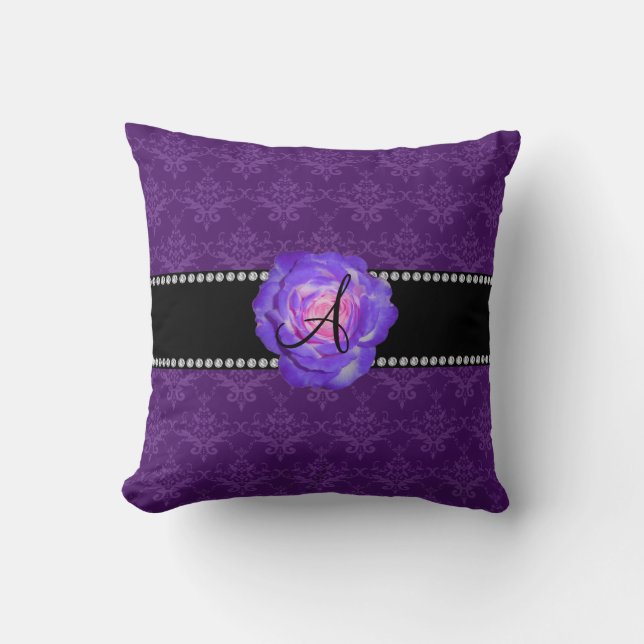 Monogram purple damask purple rose throw pillow (Front)