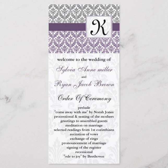 monogram purple damask Wedding program (Front)
