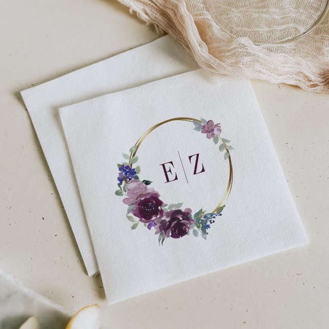 Monogram Purple Floral Boho Gold Frame Wedding Napkins (Creator Uploaded)