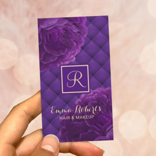 Monogram Purple Floral Elegant Beauty Salon Business Card