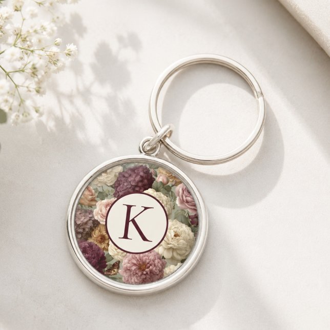 Monogram Purple Floral Elegant Keychain (Creator Uploaded)