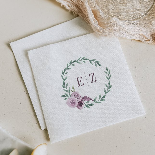 Monogram Purple Floral Foliage Boho Wedding Napkins (Creator Uploaded)