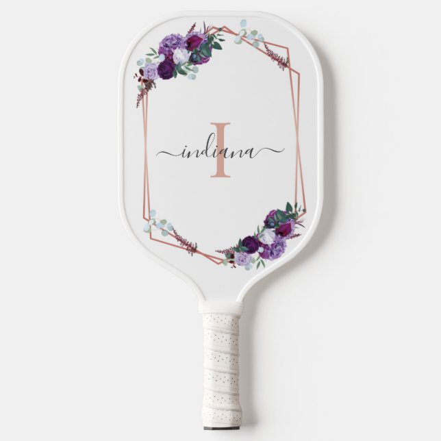 Monogram Purple Floral Rose Gold Geometric Name Pickleball Paddle (Front)