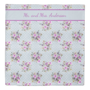 Monogram Purple Floral Watercolor Blue Wedding Duvet Cover
