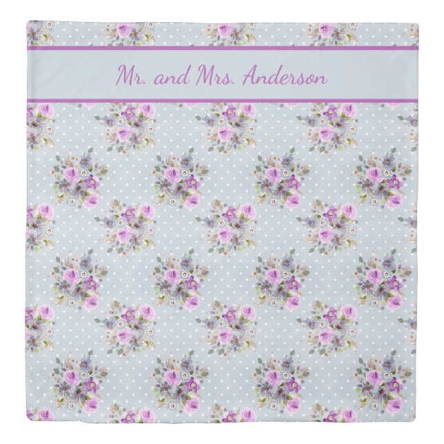 Monogram Purple Floral Watercolor Blue Wedding Duvet Cover (Front)