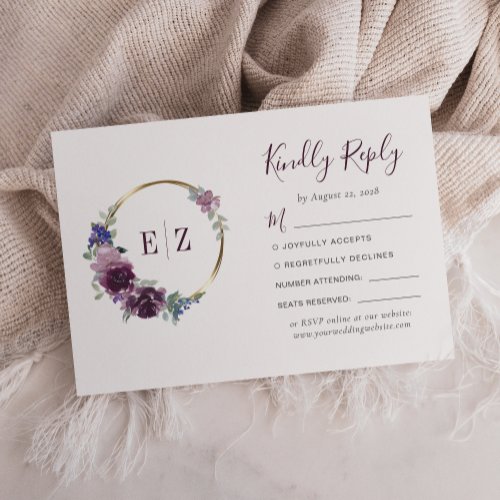 Monogram Purple Floral Wreath Gold Hoop Wedding RSVP Card
