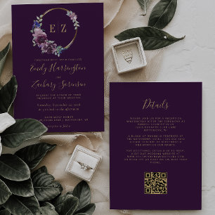 Monogram Purple Floral Wreath QR Code Wedding Invitation