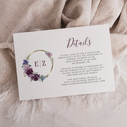 Monogram Purple Floral Wreath Wedding Details Enclosure Card