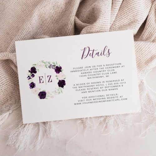 Monogram Purple Floral Wreath Wedding Details Enclosure Card