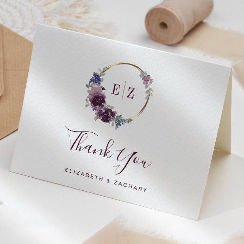 Monogram Purple Floral Wreath Wedding Thank You Card