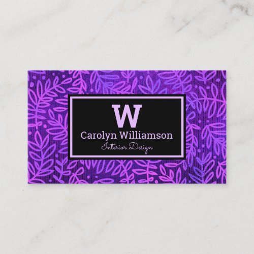 Monogram purple foliage leaves pattern modern business card