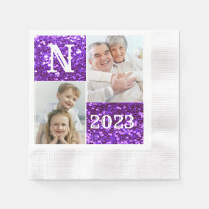 Monogram Purple Glitter 2 Photos Collage  Napkins