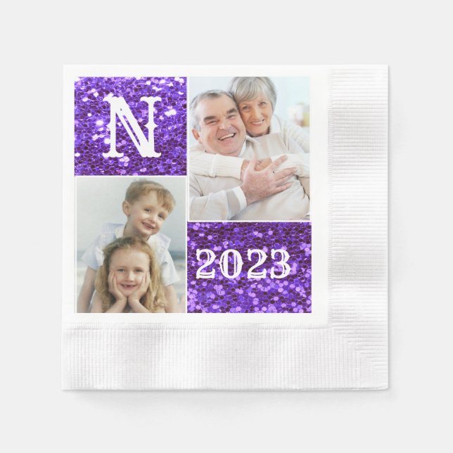 Monogram Purple Glitter 2 Photos Collage  Napkins (Front)