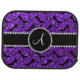 Monogram purple glitter black high heels bow car floor mat