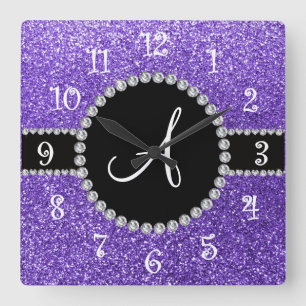 Monogram purple glitter diamond black circle square wall clock