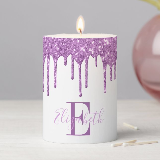 Monogram Purple Glitter Drip White Pillar Candle (In Situ)