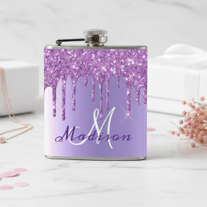 Monogram Purple Glitter Drips Girly Sparkle Flask