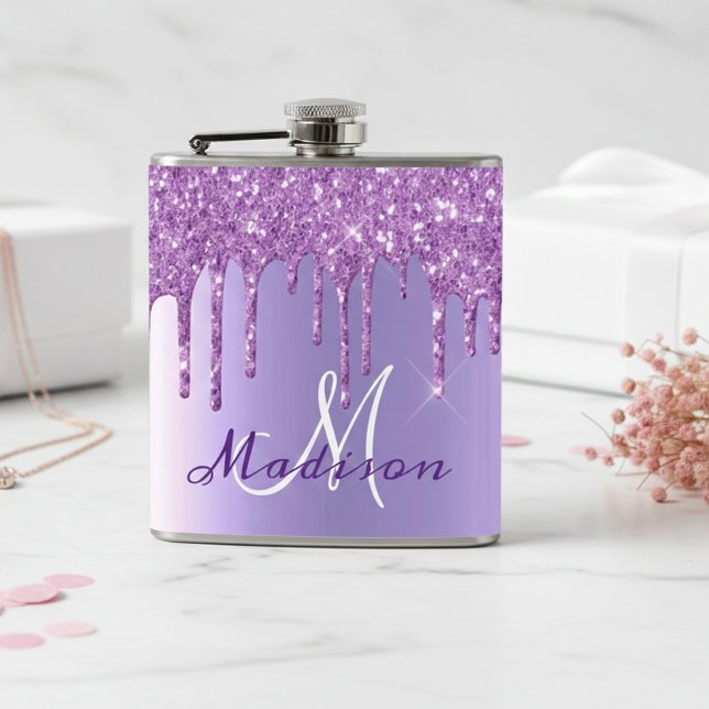 Monogram Purple Glitter Drips Girly Sparkle Flask (Creator Uploaded)