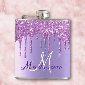 Monogram Purple Glitter Drips Girly Sparkle Flask