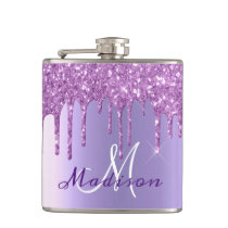 Monogram Purple Glitter Drips Girly Sparkle Flask Monogram Purple Glitter Drips Girly Sparkle Flask