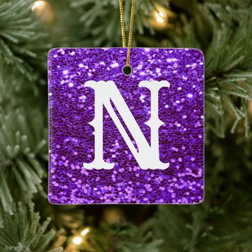 Monogram Purple Glitter Metallic Christmas  Ceramic Ornament
