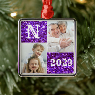 Monogram Purple Glitter Photo Christmas Holiday Metal Ornament