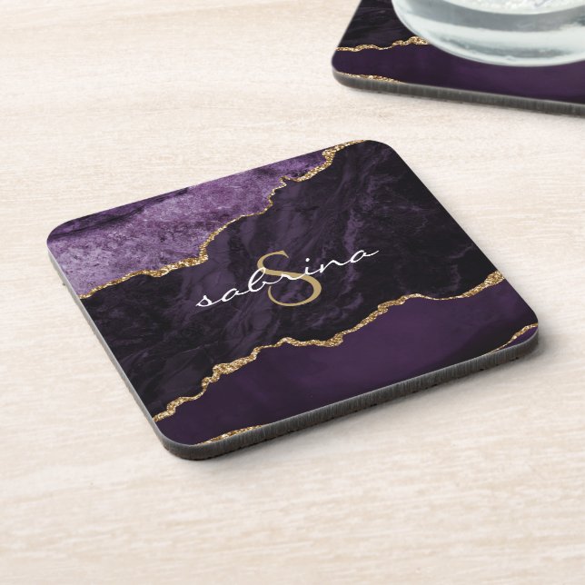 Monogram Purple Gold Agate Geode Beverage Coaster (Left Side)