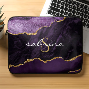 Monogram Purple Gold Agate Geode Laptop Sleeve
