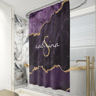 Monogram Purple Gold Agate Geode Shower Curtain