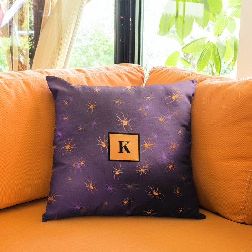 Monogram Purple  Gold Creepy Spiders Pattern Throw Pillow