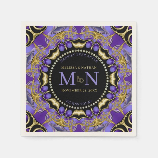 Monogram Purple Gold Diamond Lace Unique Wedding  Napkins (Front)
