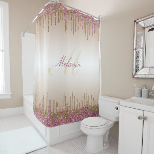 monogram purple gold dripping glitter shower curtain