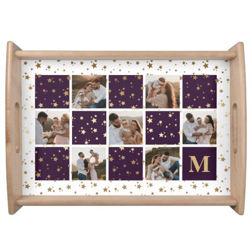 Monogram Purple Gold Photo Collage Holiday Serving Tray