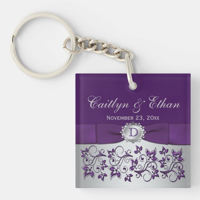 Monogram Purple Gray Floral Acrylic Keychain (Front)