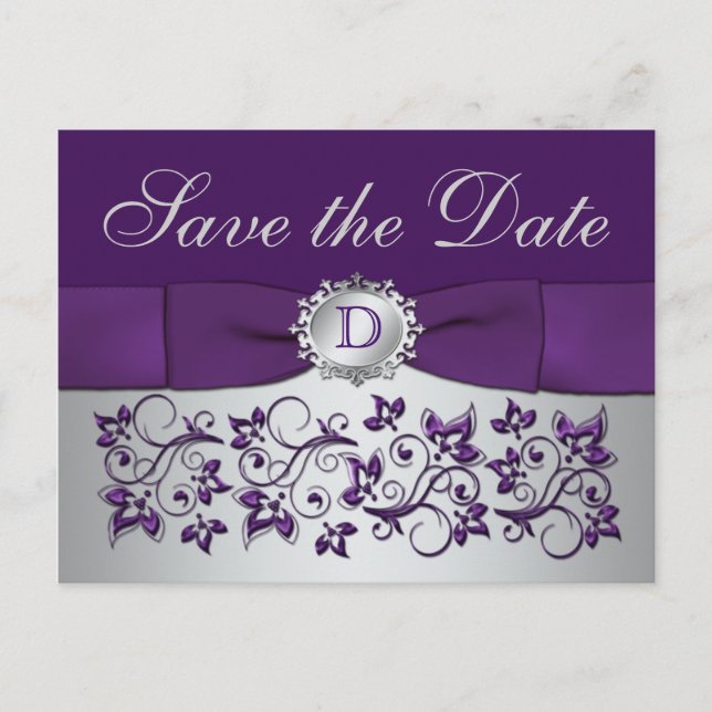 Monogram Purple Gray Floral Save the Date Postcard (Front)