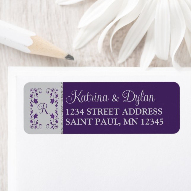 Monogram Purple, Gray Floral Wedding Address Label (Insitu)