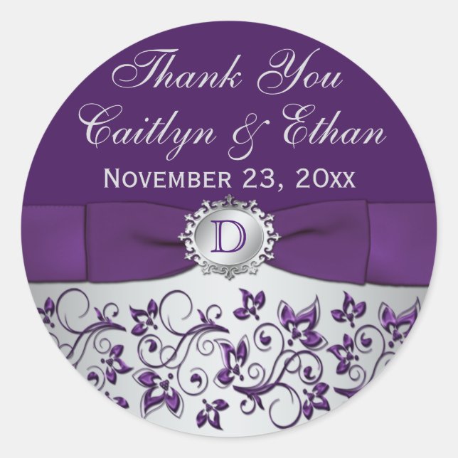 Monogram Purple Gray Floral Wedding Favor Sticker (Front)