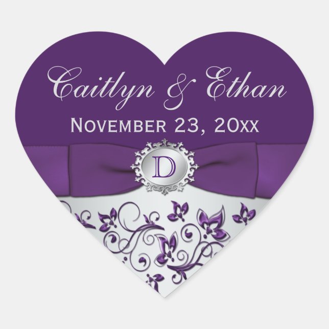 Monogram Purple Gray Floral Wedding Favor Sticker (Front)