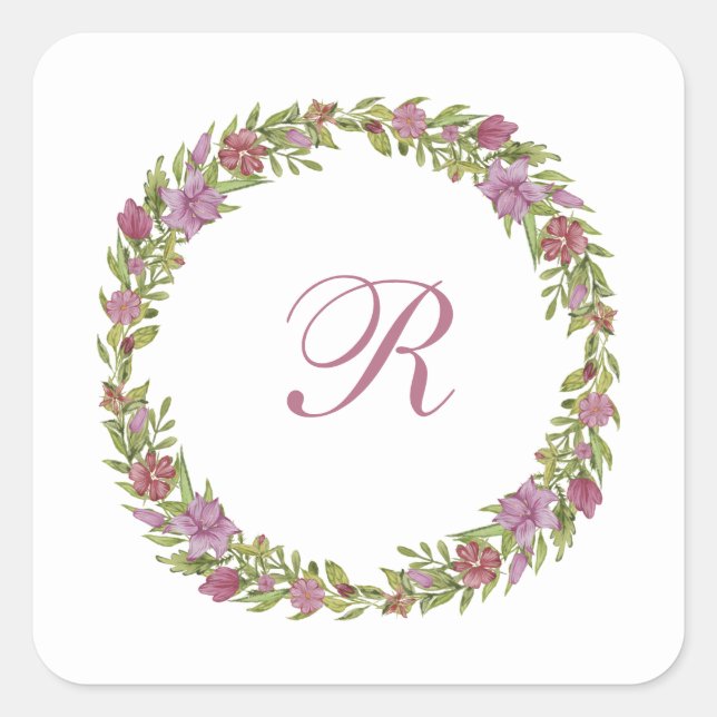 Monogram Purple Green Floral Wreath  Square Sticker (Front)
