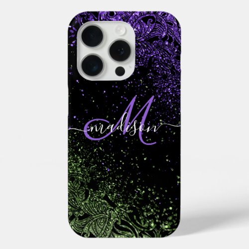 Monogram Purple  Green Glitter iPhone 15 Pro Case