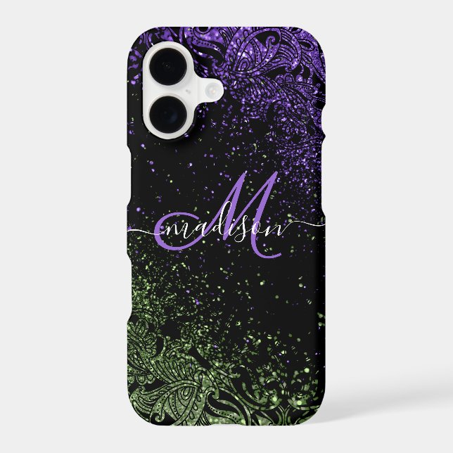 Monogram Purple & Green Glitter Case-Mate iPhone Case (Back)