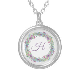 Monogram Purple Green Pink Floral Silver Plated Necklace