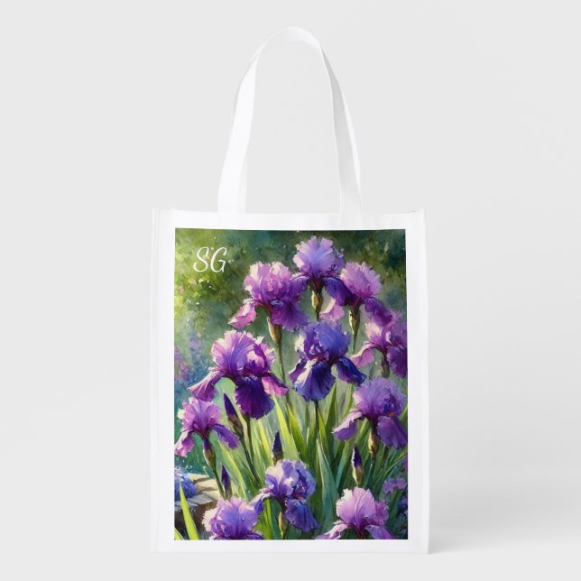 Monogram Purple Irises Flower Reusable Grocery Bag (Front)