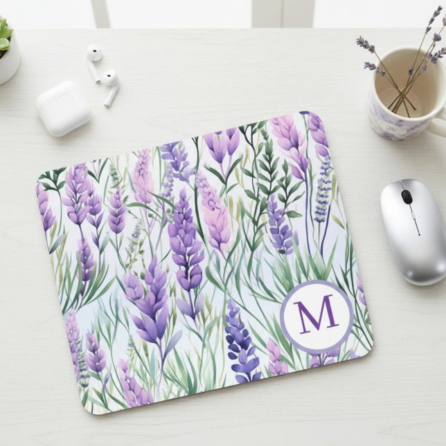 Monogram Purple Lavender Flower Field Mouse Pad (Creator Uploaded)