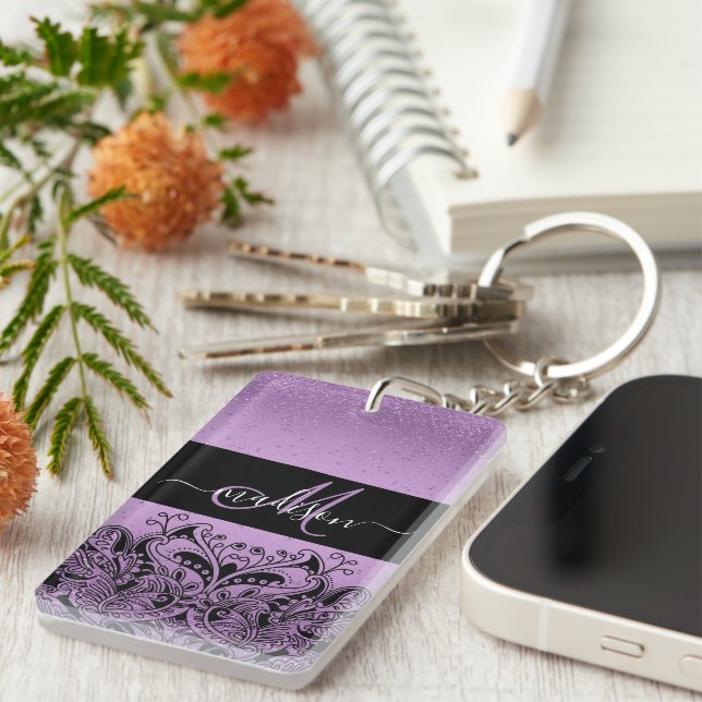 Monogram Purple Lavender Glitter Keychain (Front Right)