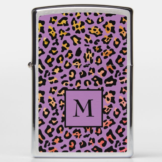 Monogram Purple Leopard Animal Print Zippo Lighter (Front)