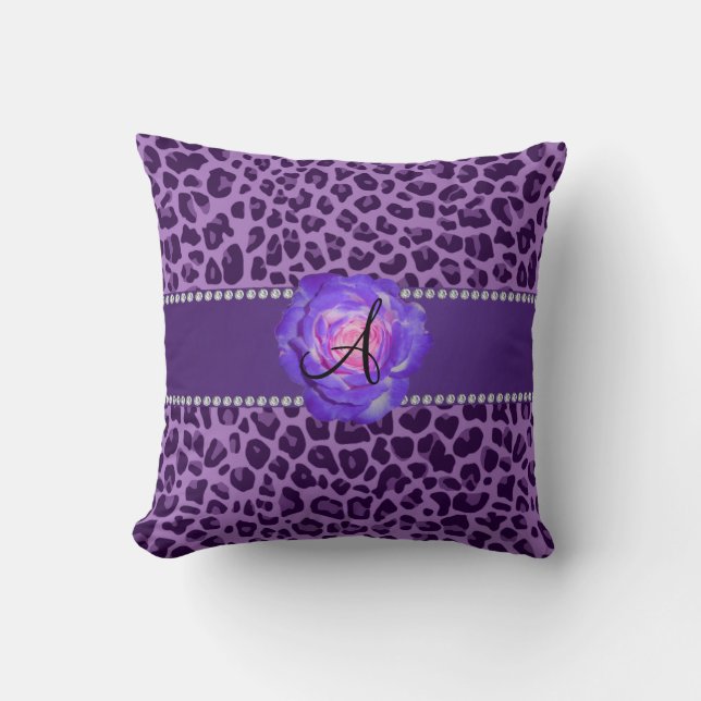 Monogram purple leopard purple rose throw pillow (Front)