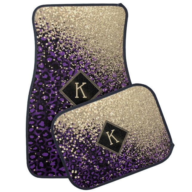 Monogram Purple Leopard with Gold Glitter  Car Floor Mat (Set)